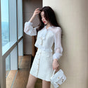 Long Sleeve Patchwork Tweed Crop Top + Skirt Suit - Heya Korea Top + Skirt