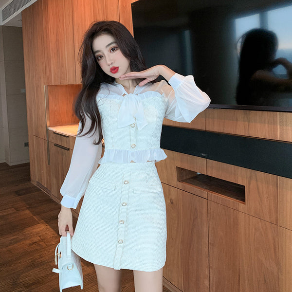 Long Sleeve Patchwork Tweed Crop Top + Skirt Suit - Heya Korea Top + Skirt