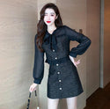 Long Sleeve Patchwork Tweed Crop Top + Skirt Suit - Heya Korea Black / S Top + Skirt