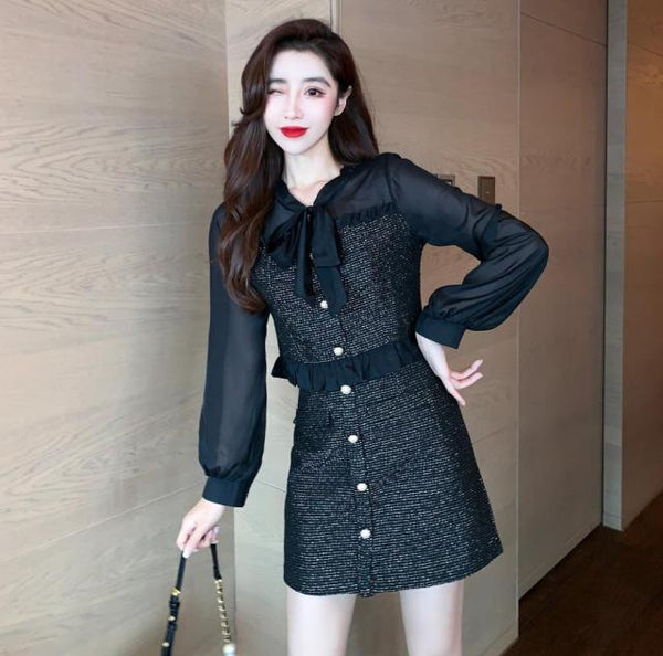 Long Sleeve Patchwork Tweed Crop Top + Skirt Suit - Heya Korea Black / S Top + Skirt